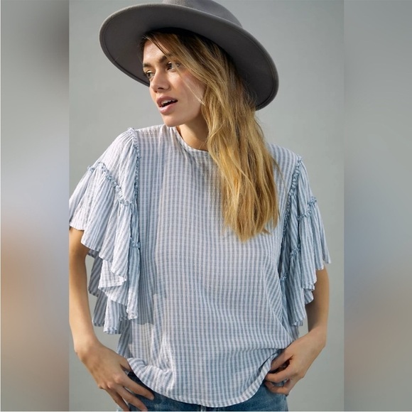 Anthropologie Pilcro Sybil Striped Ruffle Sleeve Top - Picture 1 of 14